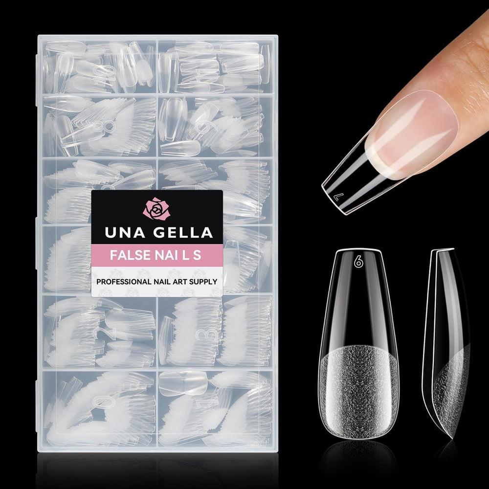 UNA GELLA tips forma ataúd media, extensión precisa para uñas naturales y acabado suave.