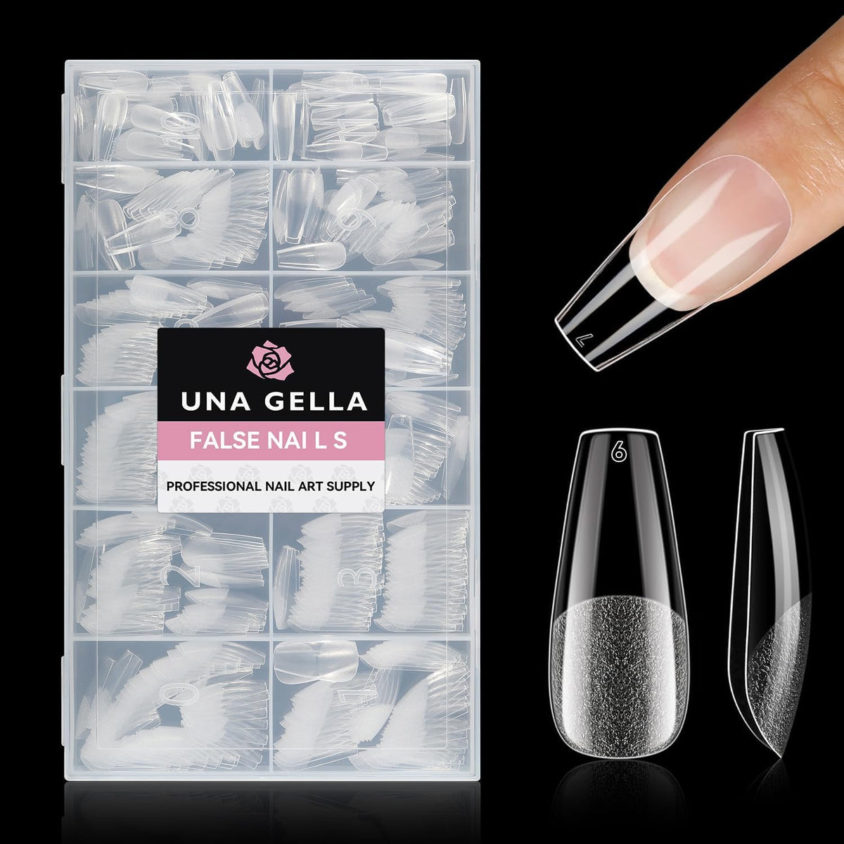 UNA GELLA tips forma ataúd media, extensión precisa para uñas naturales y acabado suave.