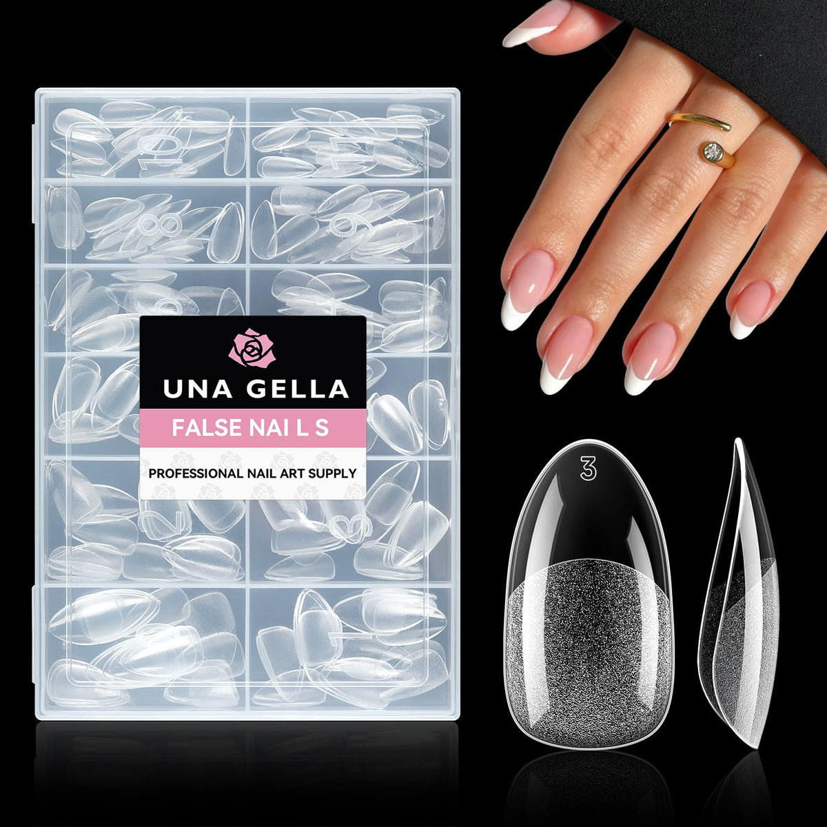 UNA GELLA tips gel ovalados medianos, cobertura total para uñas limpias y brillantes.