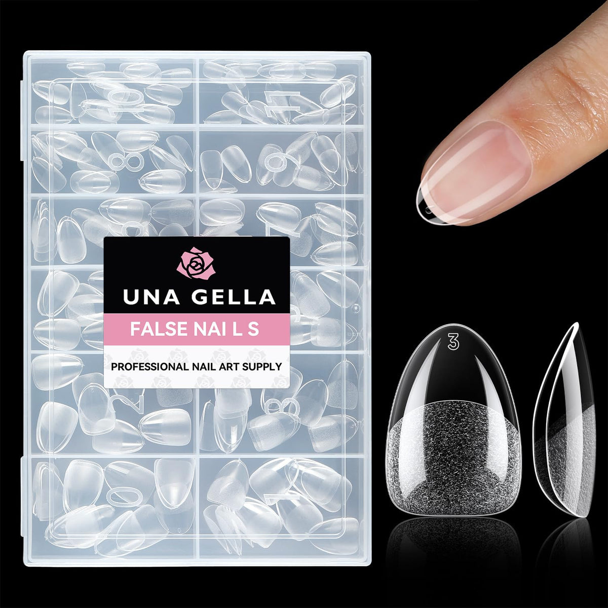 UNA GELLA: tips de uñas almendra cobertura completa para acabado limpio.