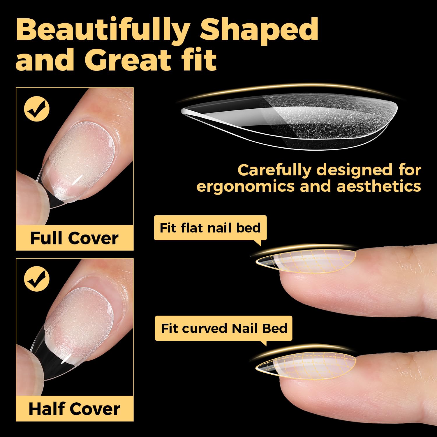 UNA GELLA tips de gel almendra corta, borde preforma para un acabado natural y ligero.