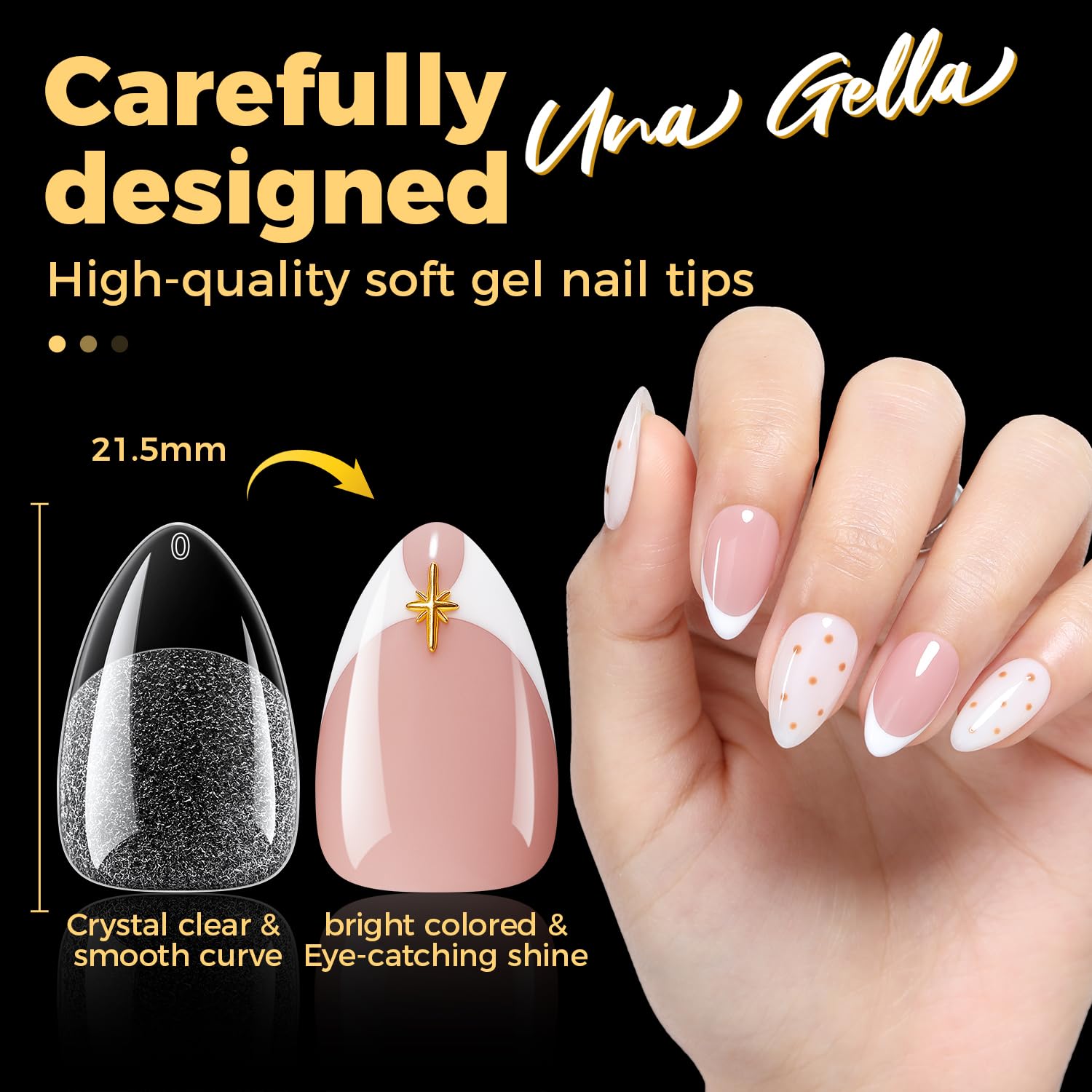 UNA GELLA tips almendra corta transparentes, para un look natural y sin costuras.