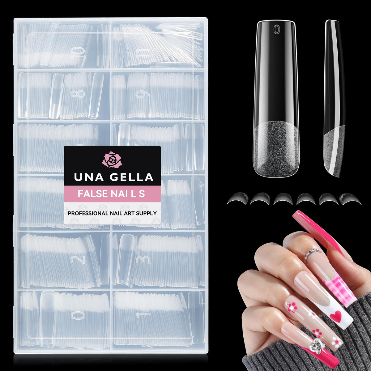 UNA GELLA tips uñas cuadradas XXL, acabado claro para extensiones duraderas.