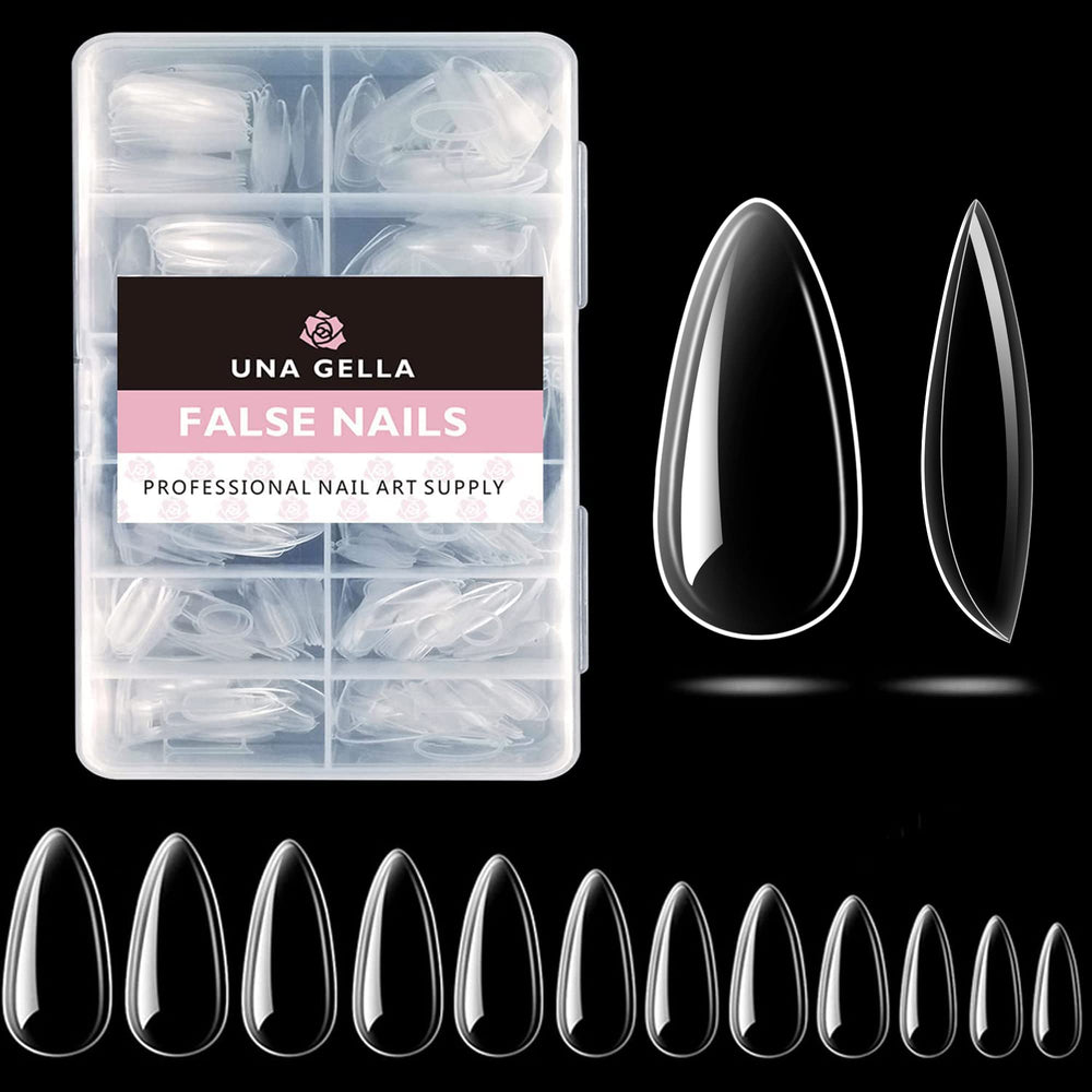 UNA GELLA tips en forma de almendra para manicura casera, acabado elegante.
