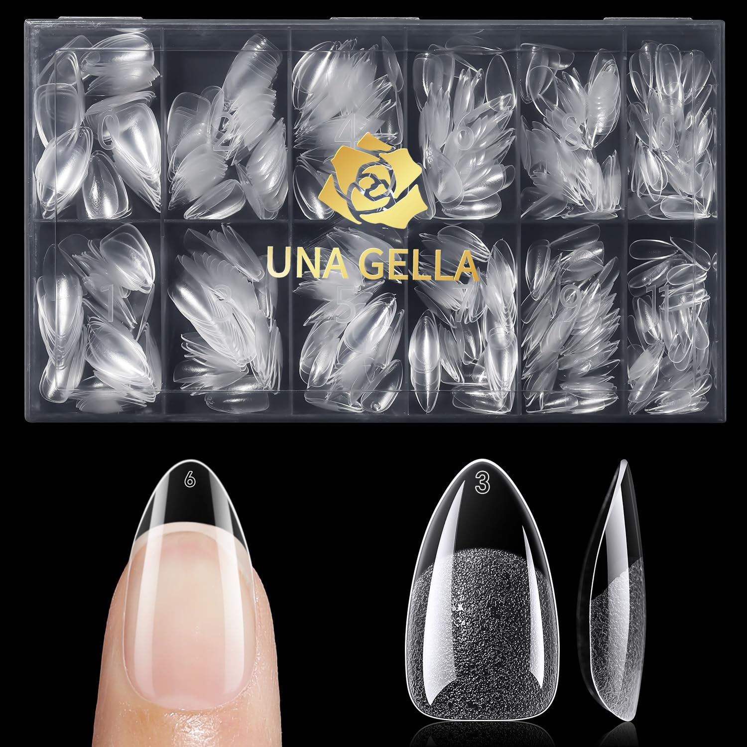 UNA GELLA uñas almendra corta con tips, apariencia natural y aplicación cómoda.