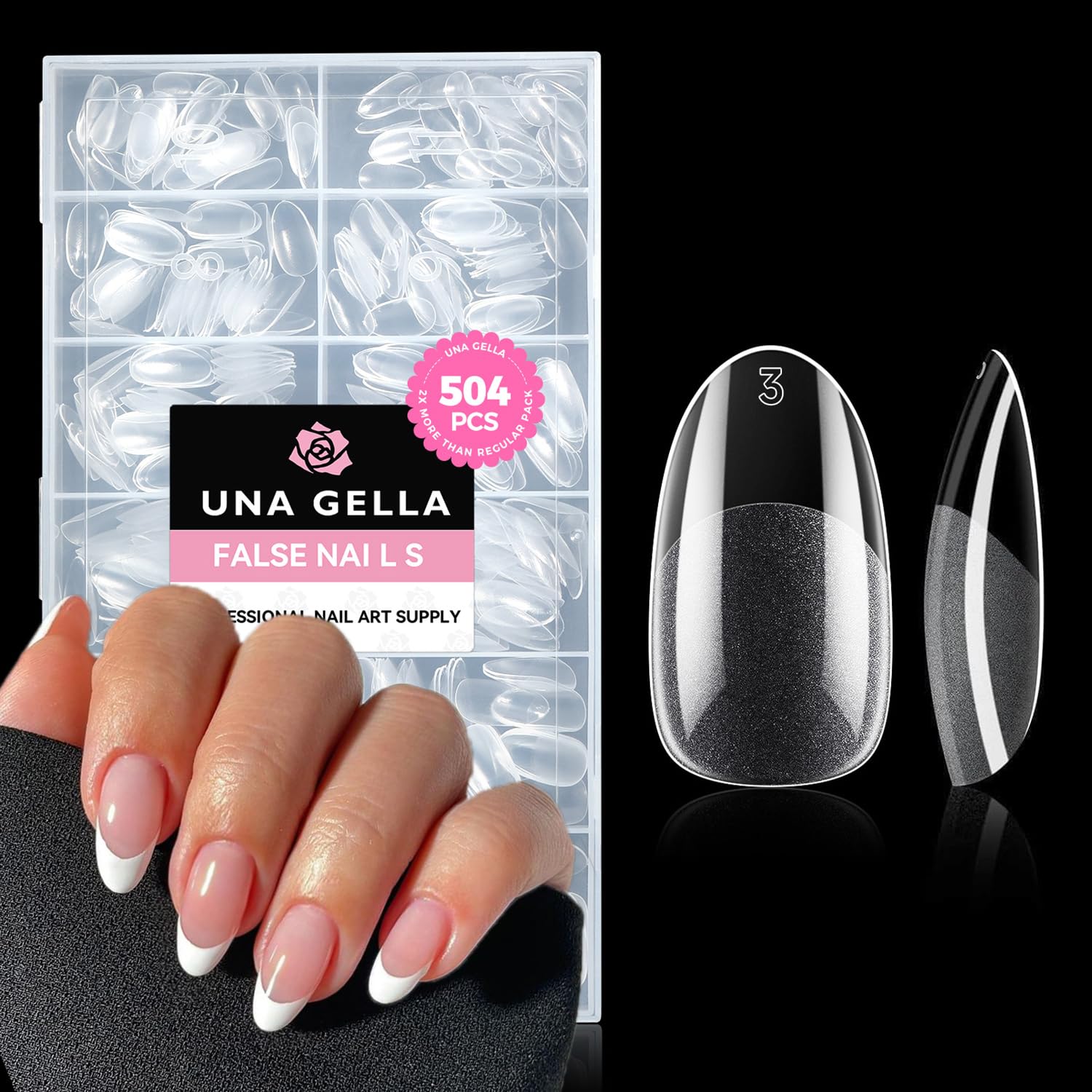 UNA GELLA uñas falsas oval-almendra en mano, acabado natural y fácil aplicación.