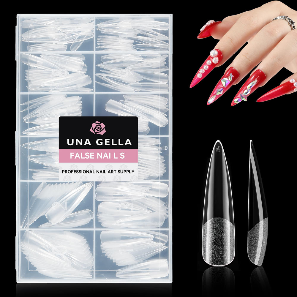 UNA GELLA XXL stiletto tips ideal for festive nail art and holidays.