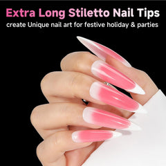 UNA GELLA stiletto tips pre-etched for faster bed prep during DIY.