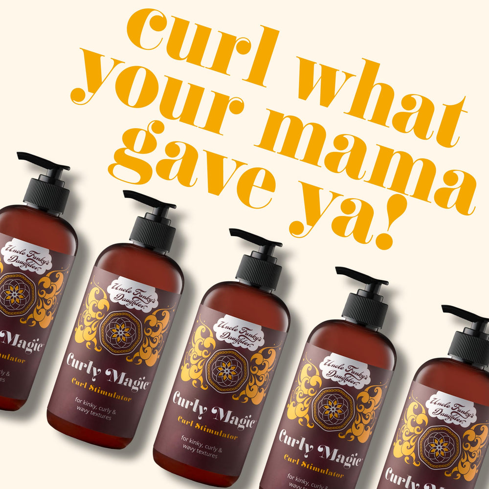 Uncle Funky's Daughter Curly Magic 32 oz bottle side highlighting hold for elongated curls.
