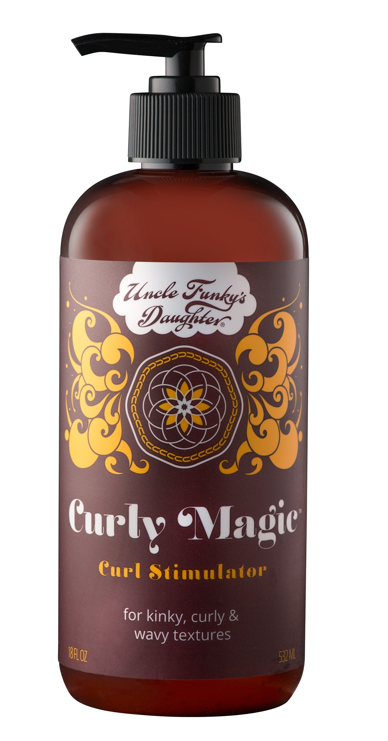 Uncle Funky's Daughter Curly Magic Stimulator bottle pour demonstrates even distribution for defined curls.