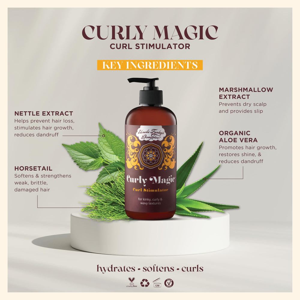 Uncle Funky's Daughter Curly Magic Stimulator close-up highlights creamy texture and definition.