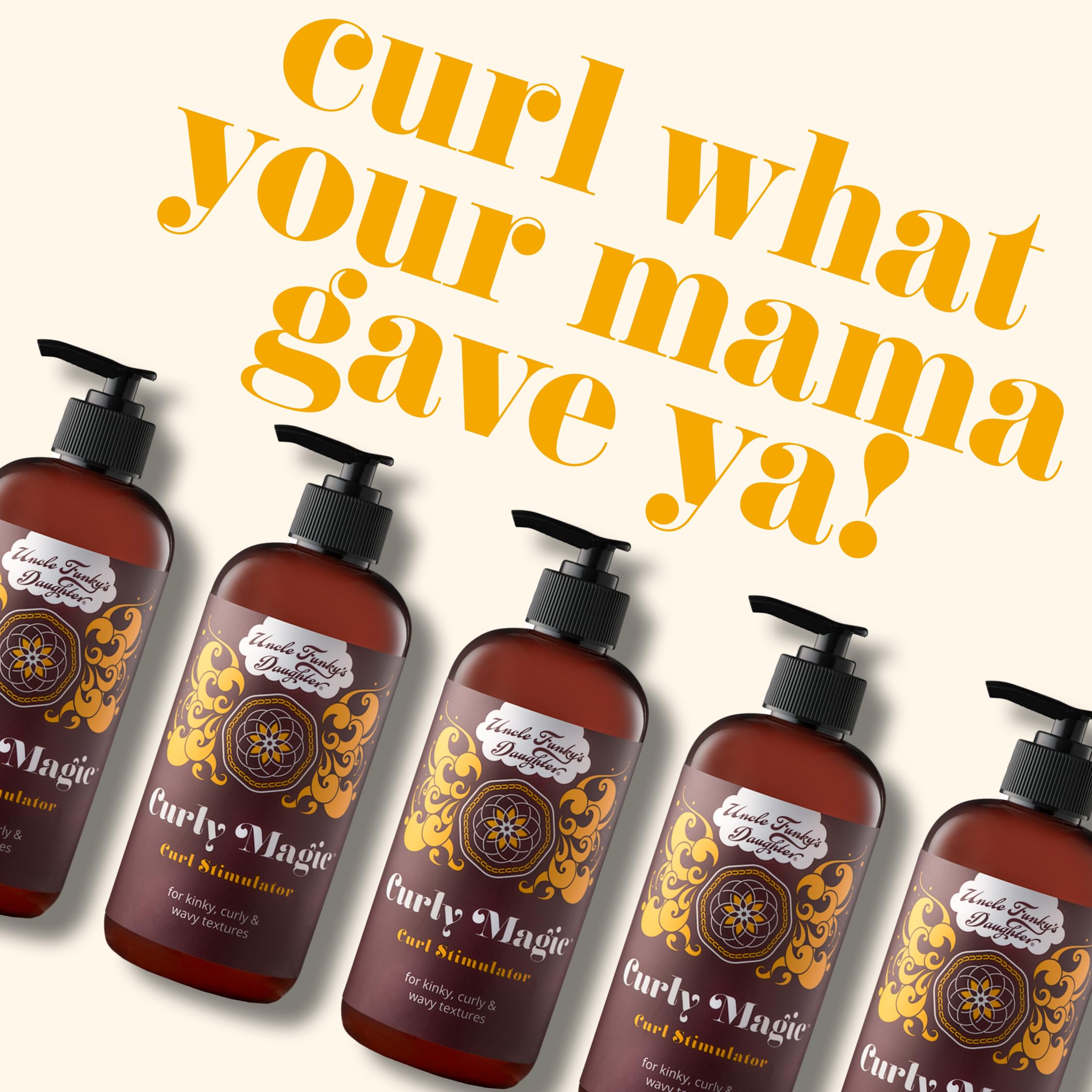 Uncle Funky's Daughter Curly Magic Stimulator hands application shows easy styling for textured hair.