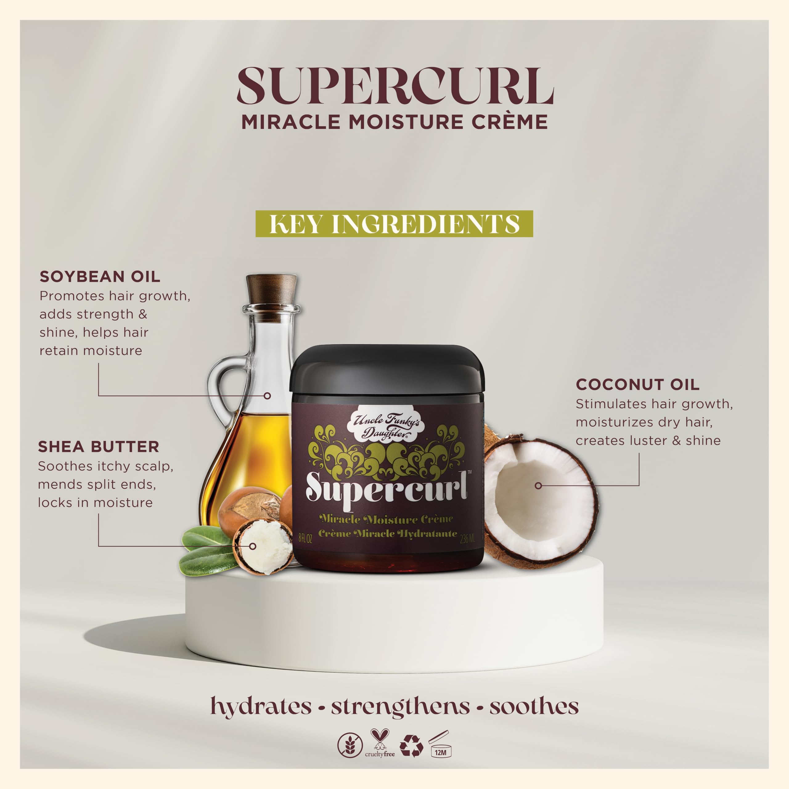 Uncle Funky's Daughter Supercurl Miracle Moisture Creme muestra textura cremosa para desenredar rizos.