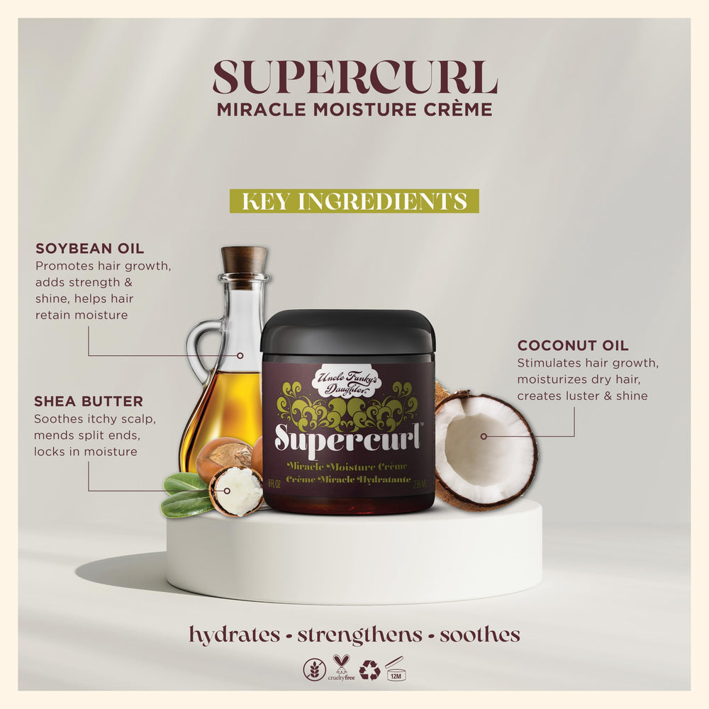 Uncle Funky's Daughter Supercurl Miracle Moisture Creme muestra textura cremosa para desenredar rizos.