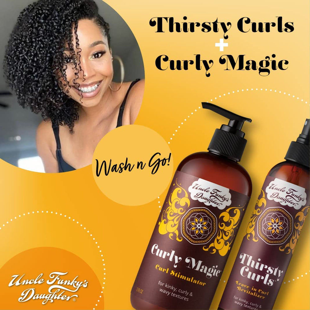Uncle Funky's Daughter Thirsty Curls, ortiga y manzanilla calman y fortalecen rizos en uso diario.