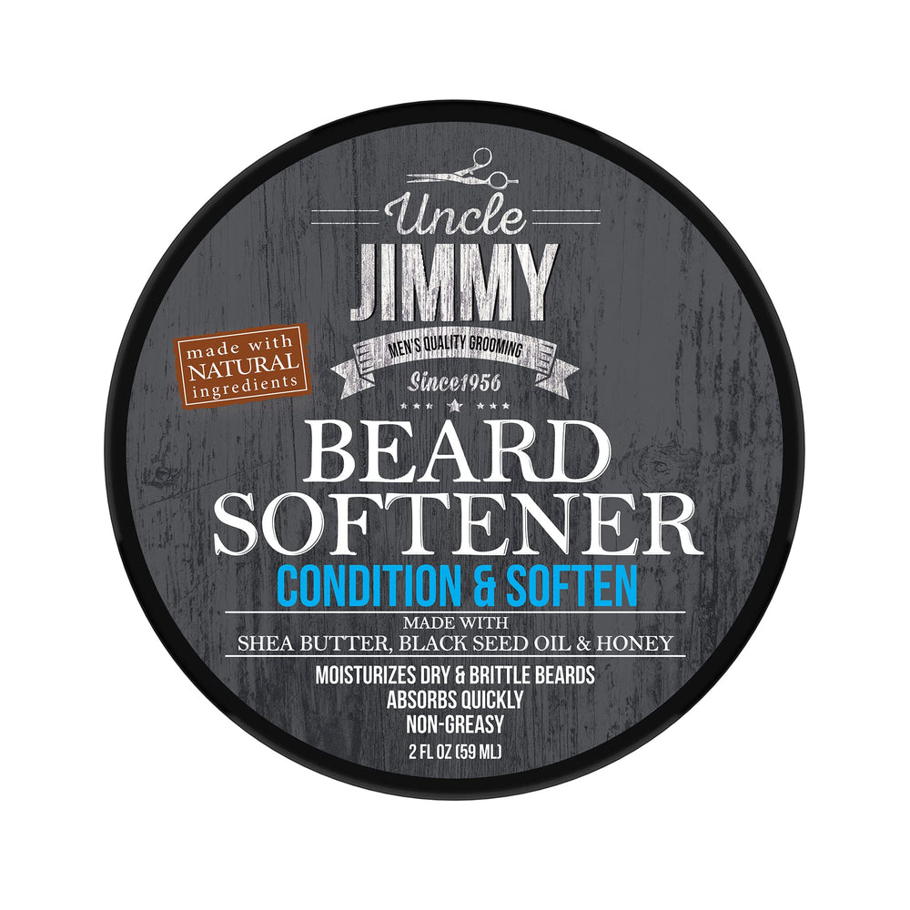 Uncle Jimmy beard softener bottle close-up for quick grooming and moisture