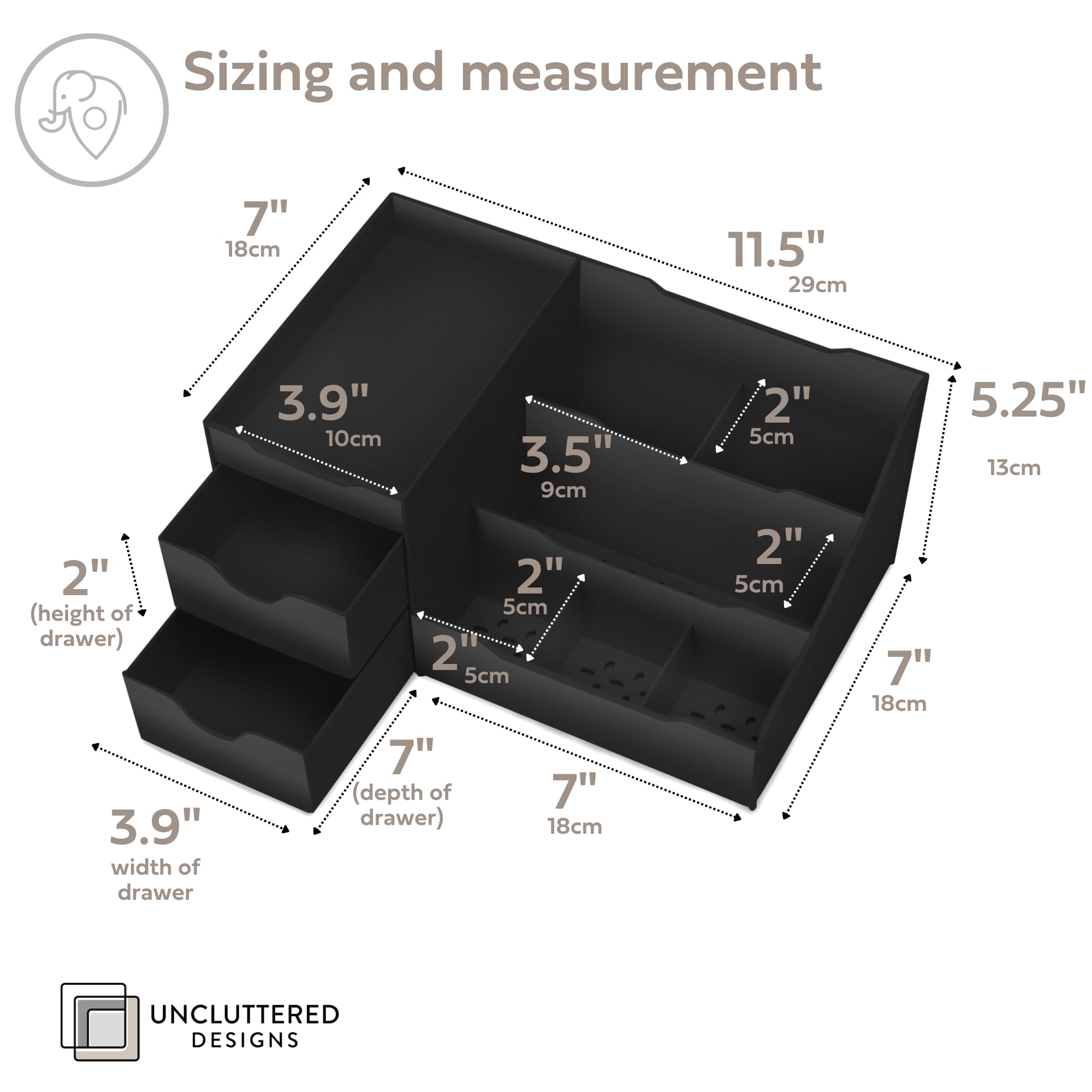 Open drawer reveals deep compartments for cosmetics and grooming items