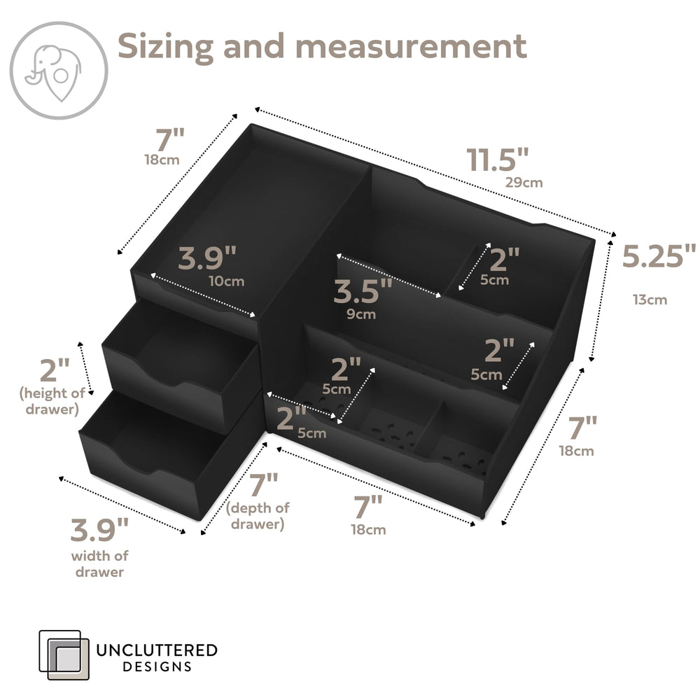 Open drawer reveals deep compartments for cosmetics and grooming items