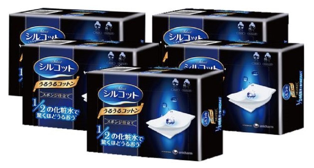 Unicharm Silcot Uruuru Sponge Facial Cotton – five-pack, 40 sheets per pack, gentle makeup removal.