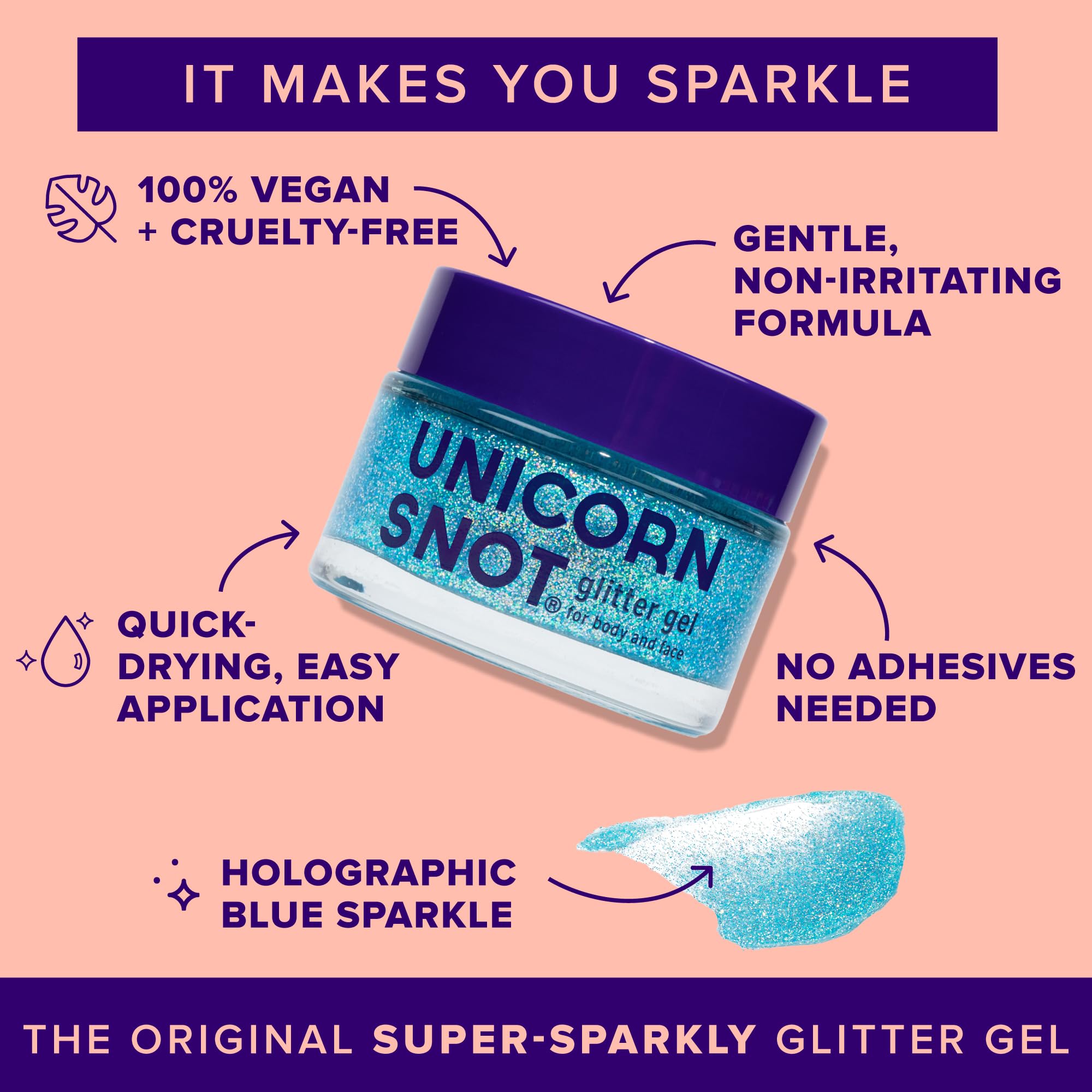 Unicorn Snot gel brillo azul para ojos, añade destellos llamativos.