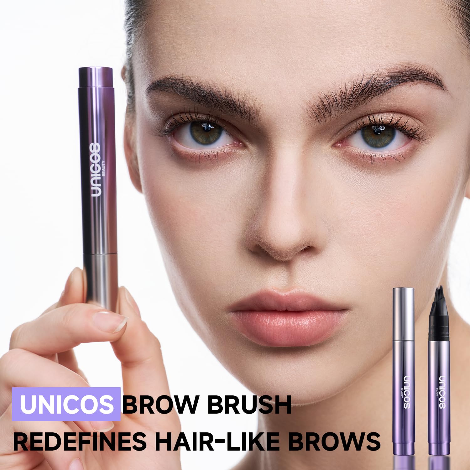 Unicos Eyebrow Pen showing hairlike strokes for realistic brow definition.