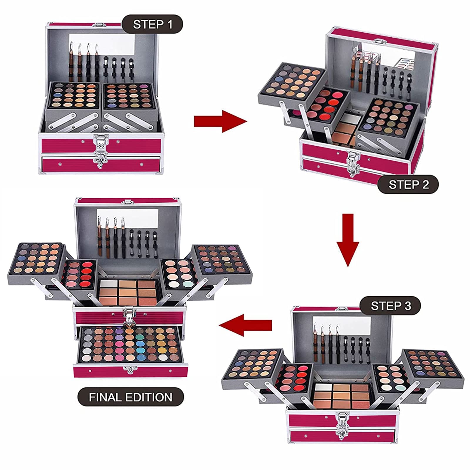 UNIFULL 132 Color Makeup Kit brushes and tools organized for easy application
