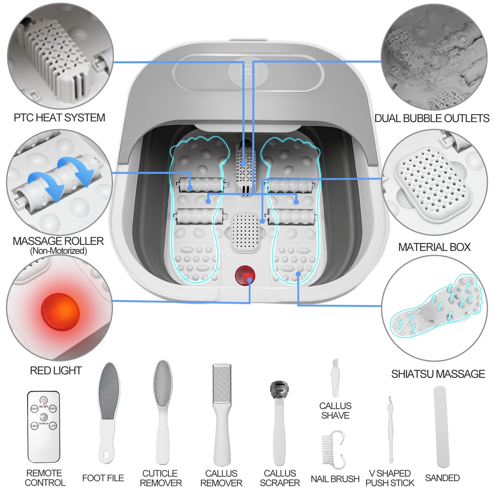 UNIFULL foot spa with red light and pedicure kit for care at home.