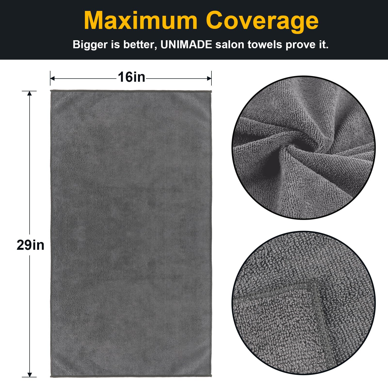UNIMADE Salon Towels 24 Pack close-up shows absorbent microfiber for quick hair drying.