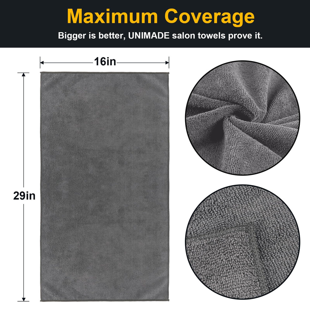 UNIMADE Salon Towels 24 Pack close-up shows absorbent microfiber for quick hair drying.