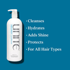 UNITE 7SECONDS Conditioner being applied to hair from roots to ends.