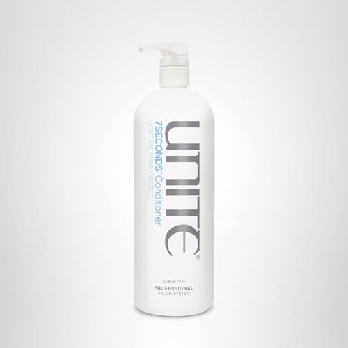 UNITE 7SECONDS Conditioner bottle demonstrates UV and thermal protection benefits.