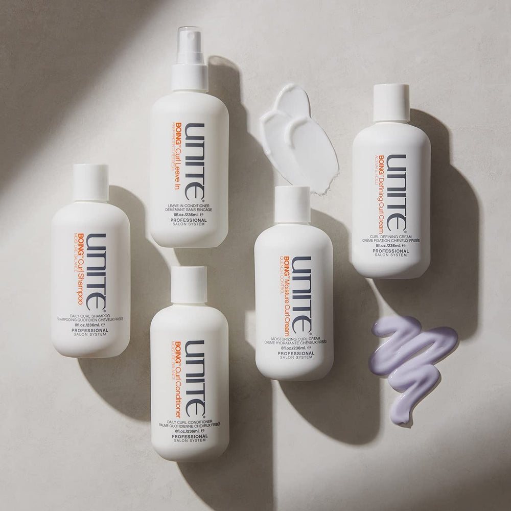 UNITE BOING Defining Curl Cream UV protection icon emphasizes sun protection for curls