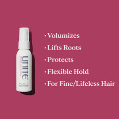 UNITE BOOSTA aerosol voluminizante, aplicación en cabello mojado para levantar raíces con suavidad