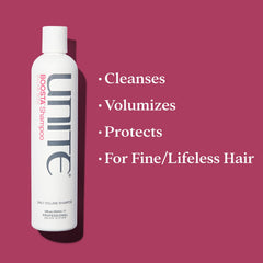 UNITE BOOSTA Shampoo lather close-up, rich foam signaling buildup removal.