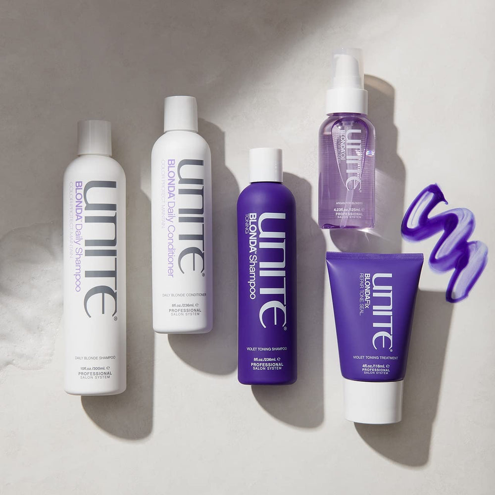 UNITE Hair BLONDA coupled with daily shampoo for long-lasting cool tones.