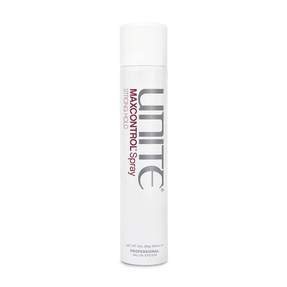 UNITE MAXCONTROL hairspray bottle front view showing strong hold and satin finish.