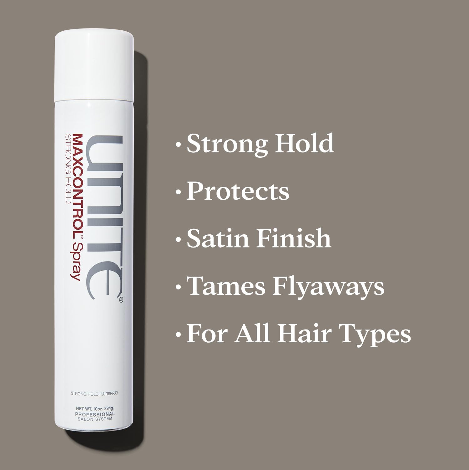 UNITE MAXCONTROL hairspray bottle side view highlighting compact packaging for travel.