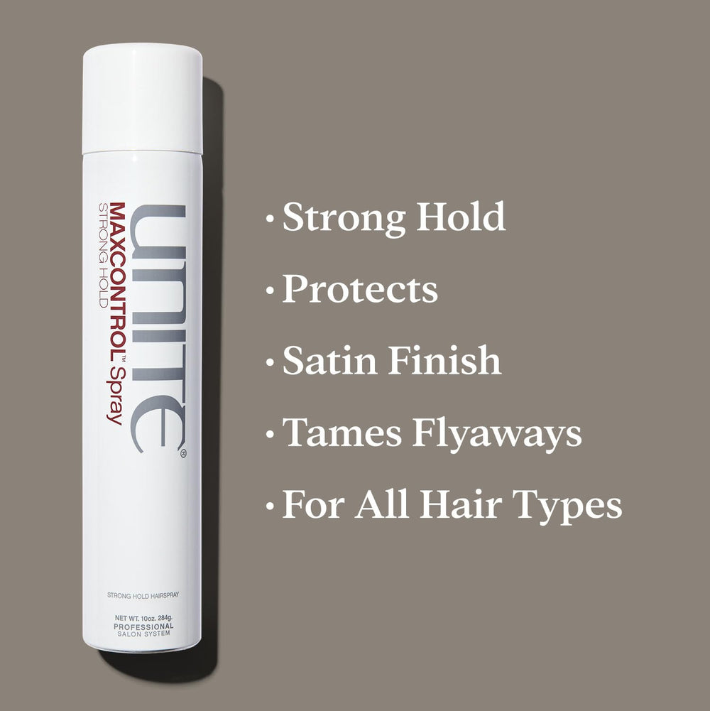 UNITE MAXCONTROL hairspray bottle side view highlighting compact packaging for travel.