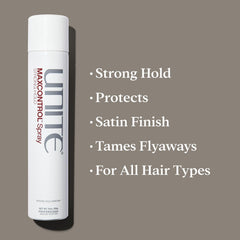 UNITE MAXCONTROL hairspray bottle side view highlighting compact packaging for travel.