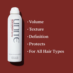 UNITE TEXTURIZA spray mist on dry hair reveals texture and definition.