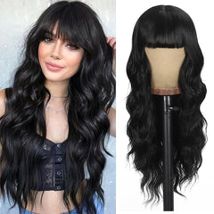 UNNYMGER black wig with bangs featuring curly texture for a festival-ready look.