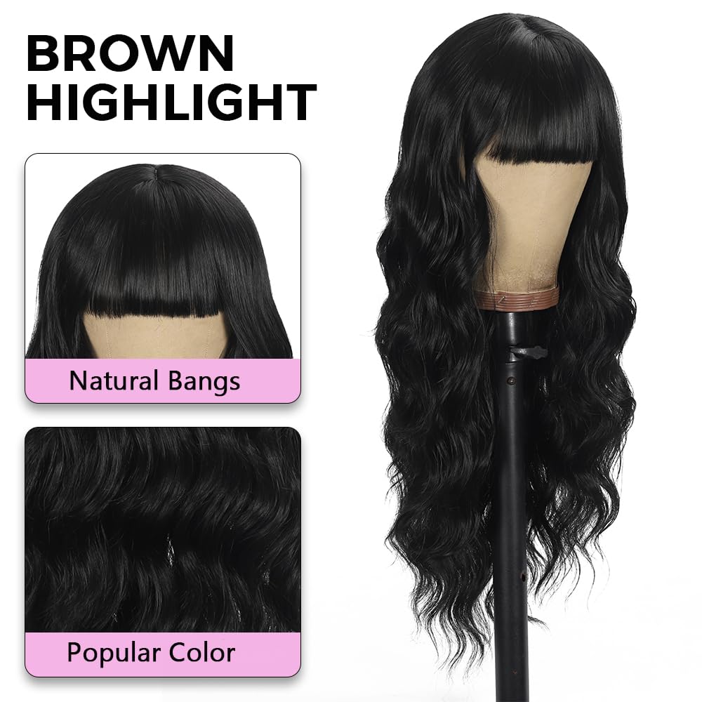 UNNYMGER 26in long wavy wig with bangs shows natural movement and volume.