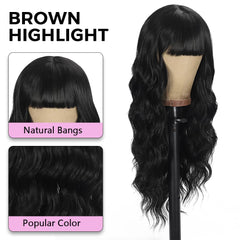 UNNYMGER 26in long wavy wig with bangs shows natural movement and volume.