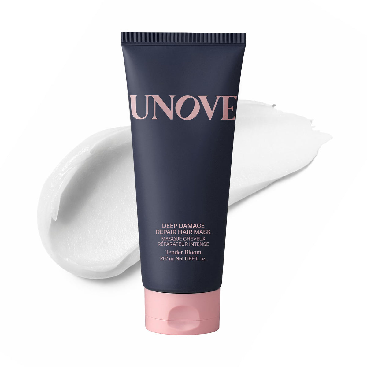 UNOVE Deep Damage Repair Mask bottle closeup showing Keratin-PF benefits for stronger hair