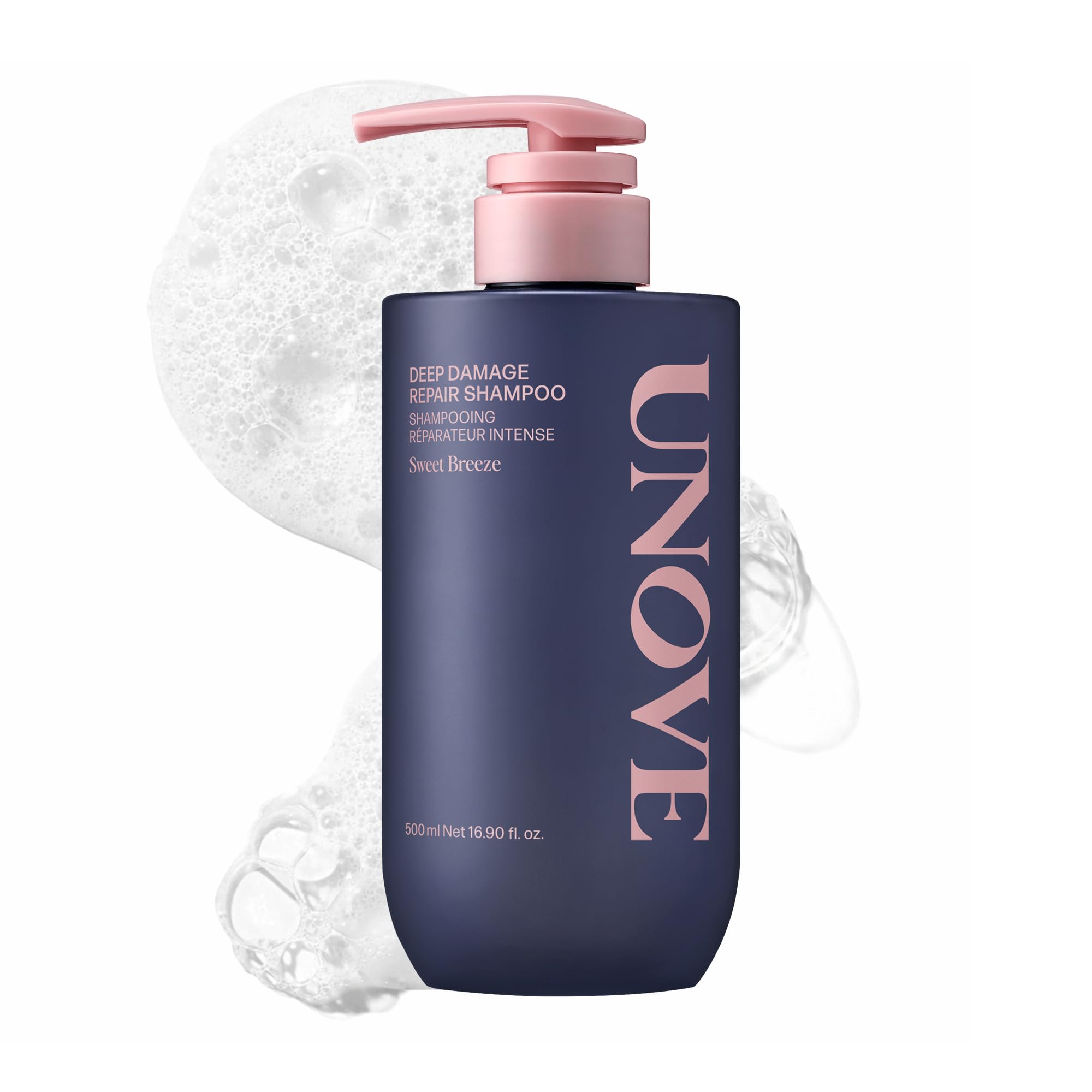 UNOVE Deep Damage Repair Shampoo bottle highlights keratin-friendly formula for damaged hair.