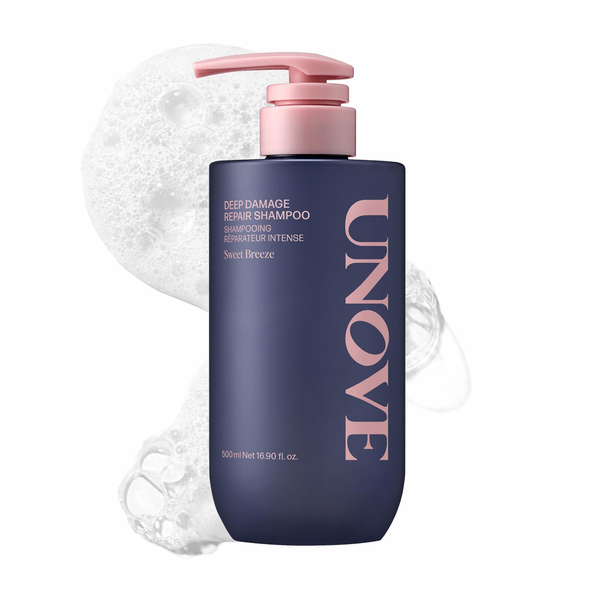 UNOVE Deep Damage Repair Shampoo bottle highlights keratin-friendly formula for damaged hair.