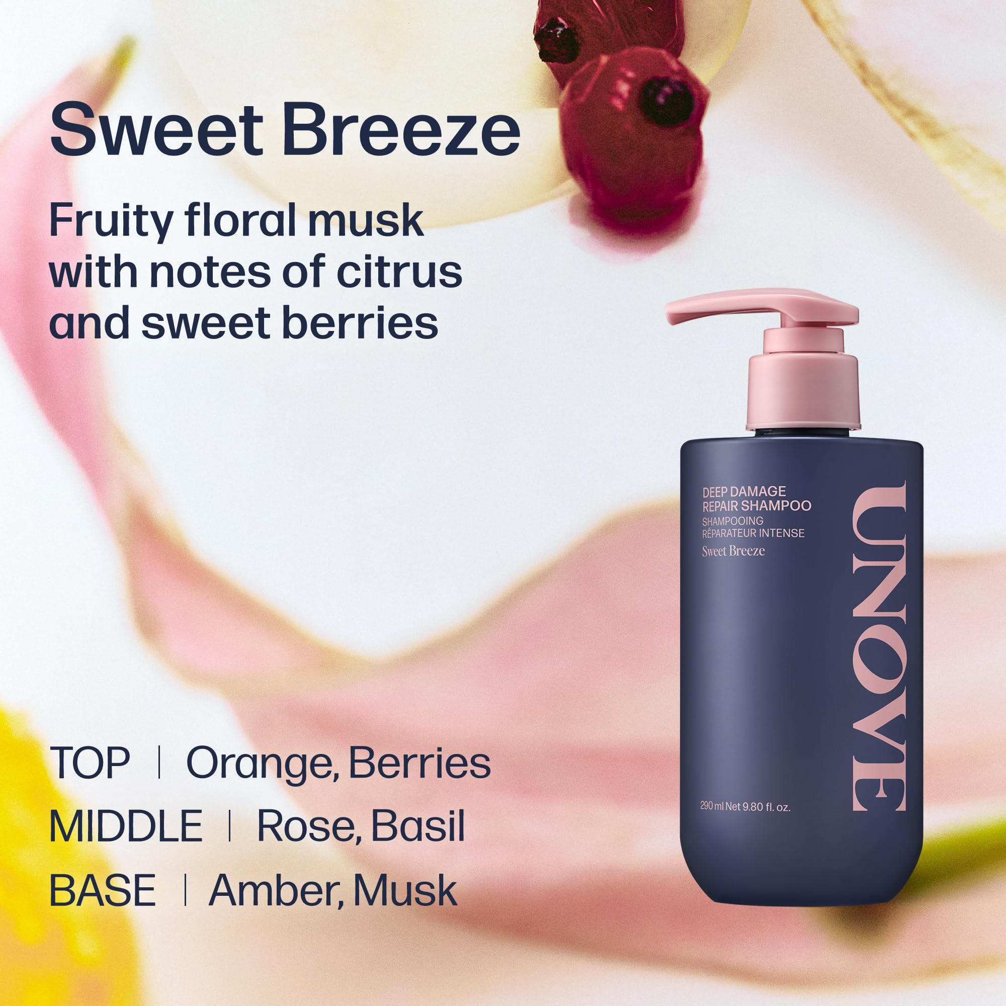 UNOVE Deep Damage Repair Shampoo lifestyle shot suggests lightweight, silky finish.