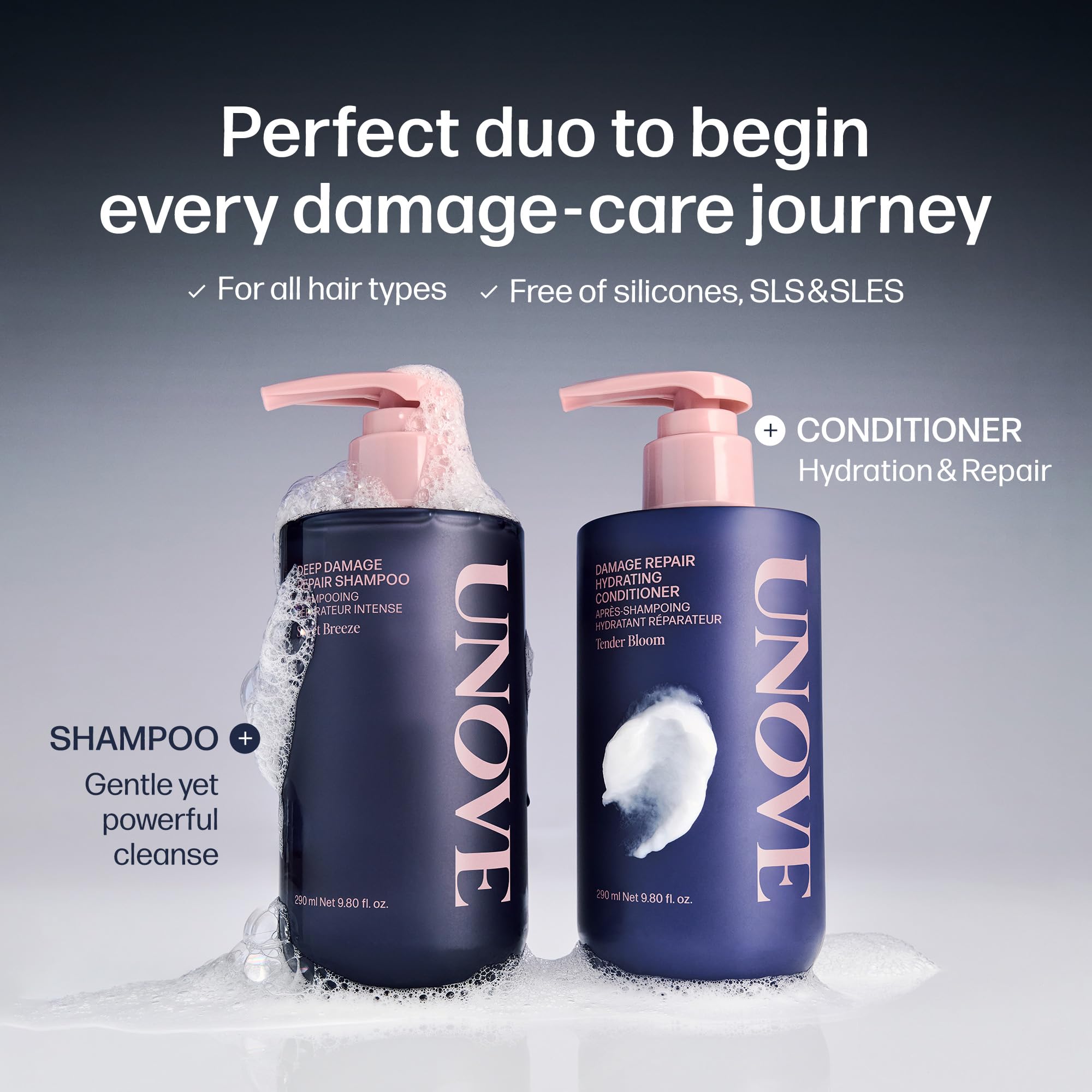 UNOVE Deep Damage Repair Shampoo on shower setup signals daily hair care routine.
