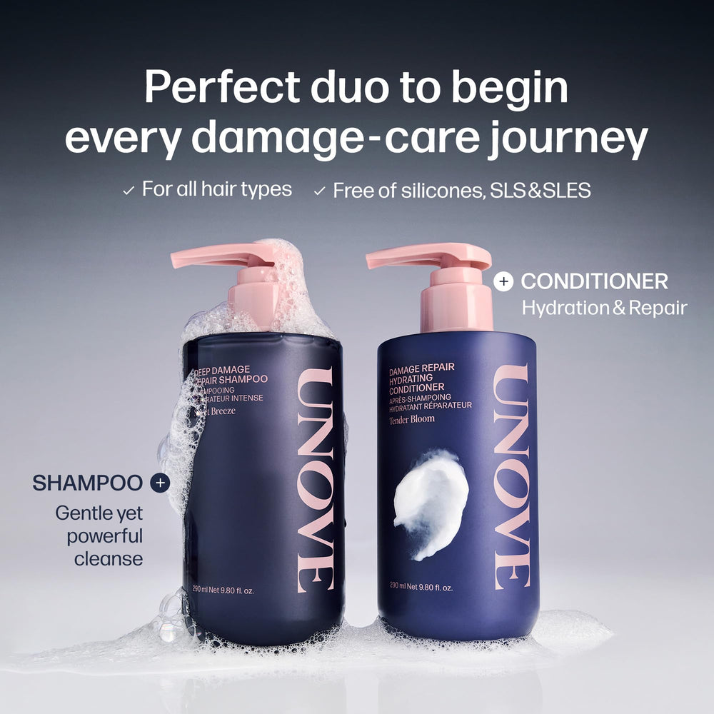 UNOVE Deep Damage Repair Shampoo on shower setup signals daily hair care routine.