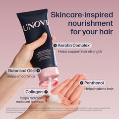 UNOVE mask application on hair demonstrating even distribution during routine